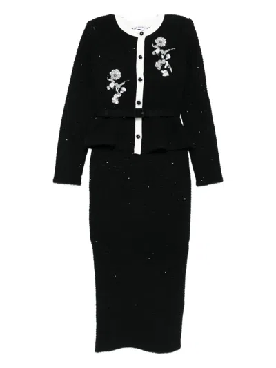 Self-portrait Floral-embellished Knitted Midi Dress In Black