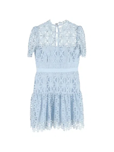 Pre-owned Self-portrait Floral-embroidered Lace Mini Dress In Blue