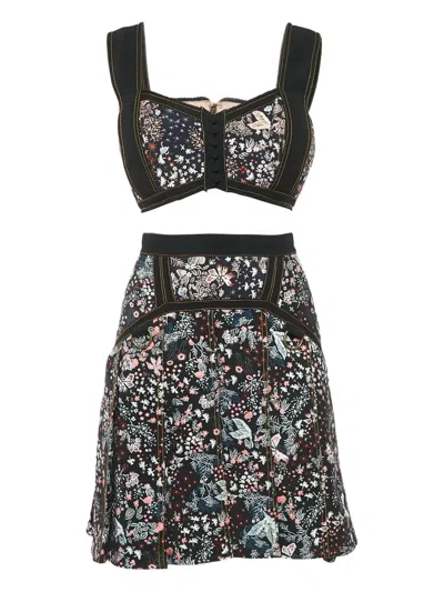 Pre-owned Self-portrait Floral Jacquard Top And Skirt Set In Black