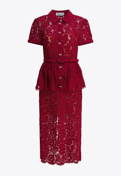 Self-portrait Floral Lace Belted Midi Dress In Burgundy