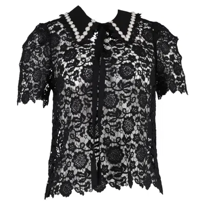 Self-portrait Floral Lace Blouse In Black Polyester