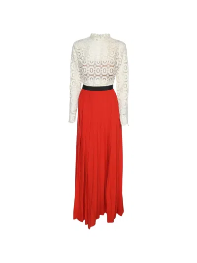Pre-owned Self-portrait Floral-lace-detail Pleated Maxi Dress In Red