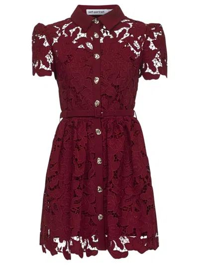 Self-portrait Floral Lace Dress With Puff Sleeves In Burgundy