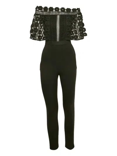 Pre-owned Self-portrait Floral-lace Jumpsuit In Black
