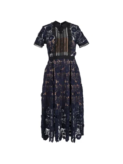 Pre-owned Self-portrait Floral-lace Midi Dress In Blue