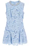 Self-portrait Bue Crewneck Mini Dress With Rhinestoned Collar And All-over Floral Lace Embroidery In Tech Fabric W