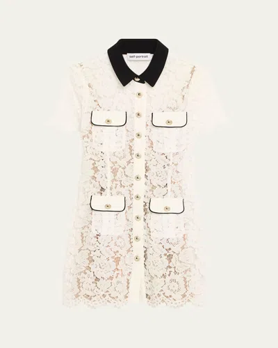 Self-portrait Floral Lace Mini Shirtdress In Neutral