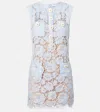 Self-portrait Blue Crewneck Mini Dress With All-over Lace Embroidery And Scallop Hem In Cotton Blend Woman In Blue