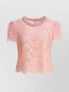 Shop Self-portrait Floral Lace Scalloped Beaded Short Sleeve Top