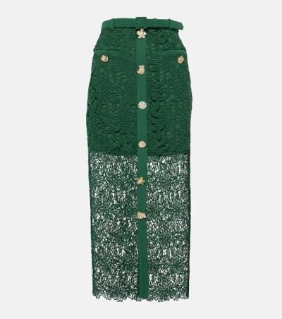 Self-portrait Floral Lace-trimmed Midi Skirt In Green