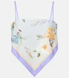 Self-portrait Floral Linen And Cotton Crop Top In Blue