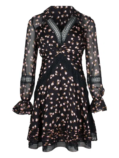 Pre-owned Self-portrait Floral-print Lace Mini Dress In Black