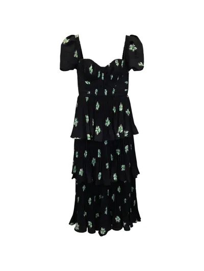 Pre-owned Self-portrait Floral-print Midi Dress In Black