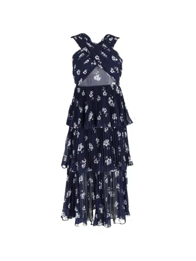 Pre-owned Self-portrait Floral-print Pleated Layered Midi Dress In Blue