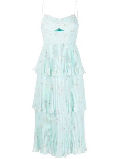 Self-portrait Floral-print Pleated Tiered Dress In Blue