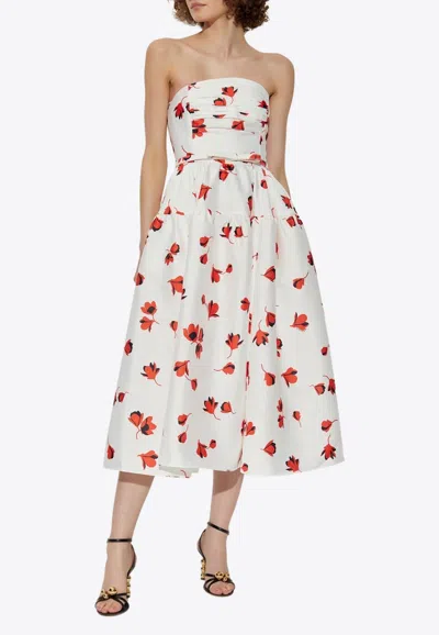 Self-portrait Floral Print Strapless Midi Dress In White