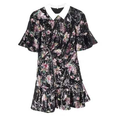 Self-portrait Floral Sequined Mini Dress In Multicolor Polyester In Black