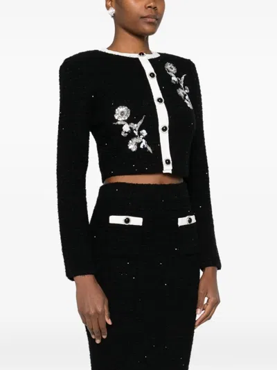 Self-portrait Black Floral Textured Knit Jacket