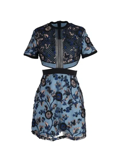 Pre-owned Self-portrait Florence Floral-embroidered Cut-out Mini Dress In Blue