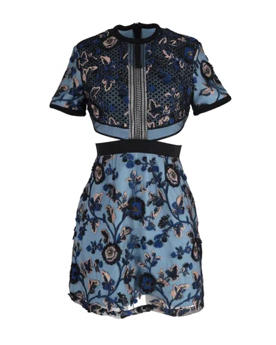 Self-portrait Florence Floral-embroidered Cutout Dress In Blue Polyester