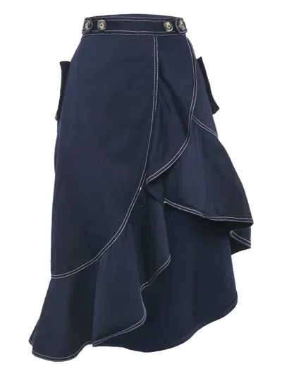 Pre-owned Self-portrait Flounced Asymmetrical Midi Skirt In Blue