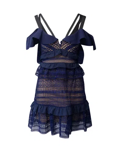 Self-portrait Flounced Lace Mini Dress In Navy Blue Polyester
