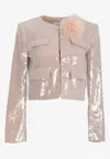 Self-portrait Flower Applique Sequined Jacket In Champagne