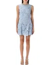 Self-portrait Bue Crewneck Mini Dress With Rhinestoned Collar And All-over Floral Lace Embroidery In Tech Fabric W In Blue