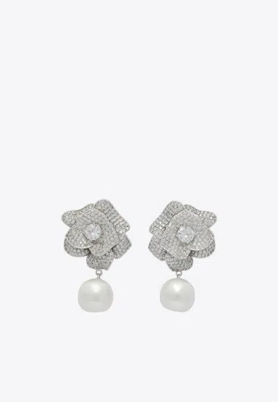 Self-portrait Flower-shaped Pearl Earrings In Silver