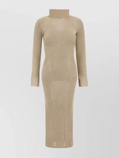 Self-portrait Form-fitting High Neck Ribbed Midi Dress In Brown