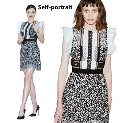 Pre-owned Self-portrait Self Portrait Frill Sleeved Daisy Guipure Mini Dress Uk4,6,8,10,12 In Black