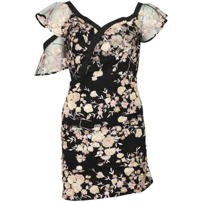 Self-portrait Frilled Floral One-shoulder Mesh Dress In Black Polyester In Multi