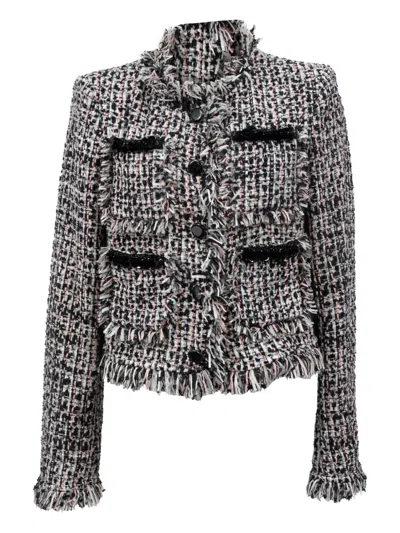 Pre-owned Self-portrait Fringed-bouclé Jacket In Black