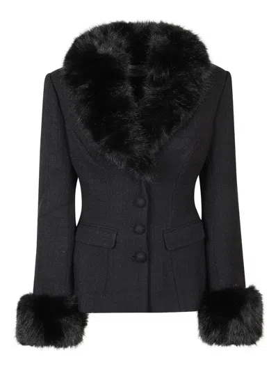 Self-portrait Fur-trimmed Tweed Jacket In Black