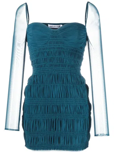 Self-portrait Fitted Mini Dress Ruched Detailing Sheer Sleeves In Blue