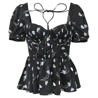 Self-portrait Gathered Printed Puff Sleeve Top In Black Cotton