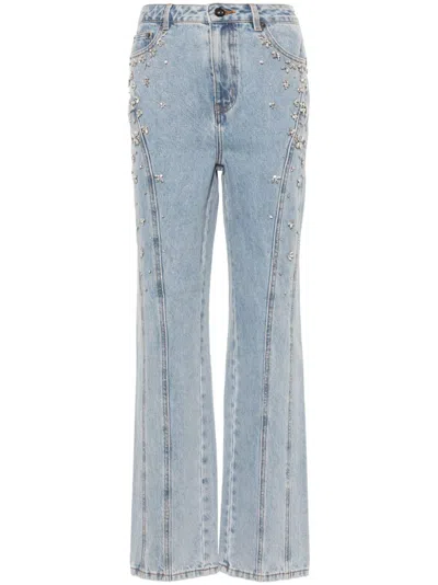 Self-portrait Paneled Crystal-embellished High-rise Straight-leg Jeans In Blue