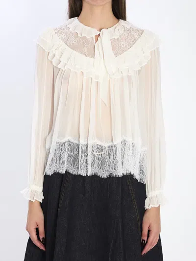 Self-portrait Georgette Lace Blouse In White