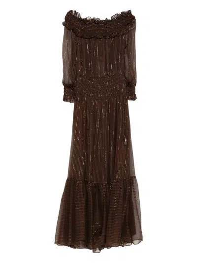 Self-portrait Brown Georgette Off Shoulder Maxi Dresses Brown
