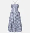 Self-portrait Navy Printed Taffeta Midi Dress Navy Gingham In Blue
