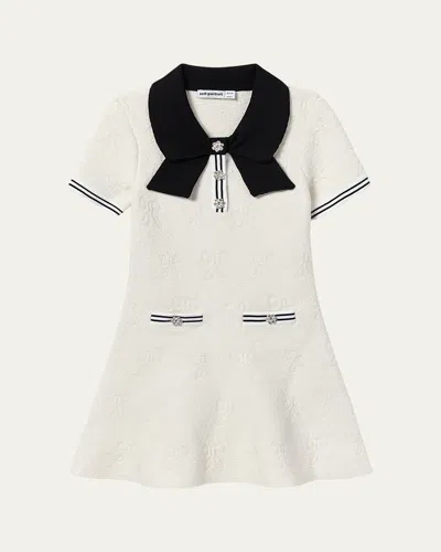 Self-portrait Kids' Girl's Bow Intarsia Knit Dress In White