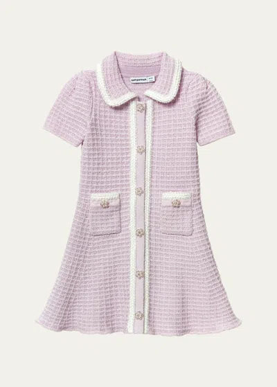 Self-portrait Kids' Girl's Knit Mini Dress W/ Floral Buttons In Lilac