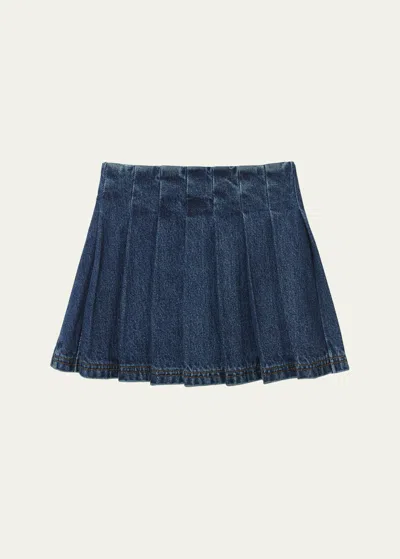 Self-portrait Kids' Pleated Cotton Denim Skirt In Blue