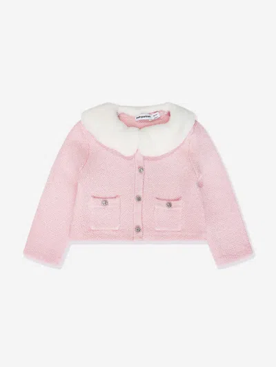 Self-portrait Kids' Faux-fur Collar Ribbed-knit Cardigan In Pink