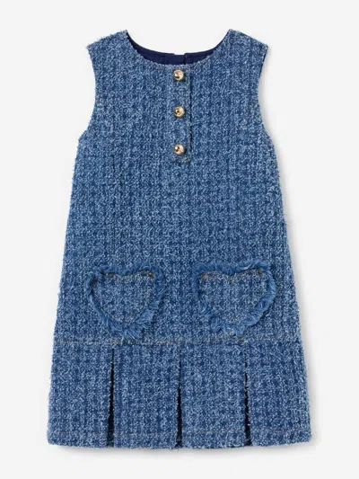 Self-portrait Babies' Self Portrait Girls Textured Denim Heart Trim Dress In Blue