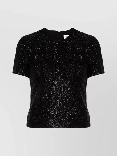 Self-portrait Glitter Buttoned Top With Front Pockets In Black