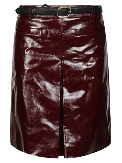 Self-portrait Glossy Burgundy A-line Leather Mini Skirt In Brown