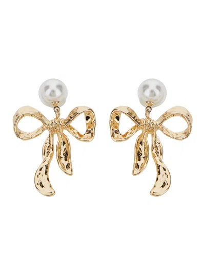 Self-portrait Gold-colored Earrings With Pearl And Bow Design In Brass Woman