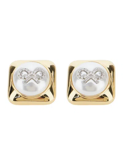 Self-portrait Gold-colored Earrings With Square Design And Bow Detail In Brass Woman In Grey