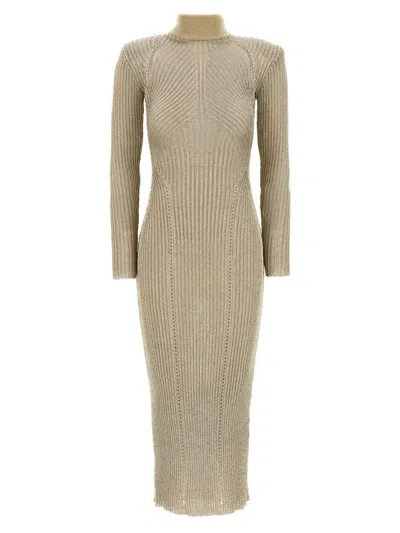 Self-portrait Ribbed Knitted Long Dress In Gold